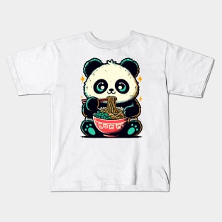 Kawaii retro little panda eat ramen Kids T-Shirt